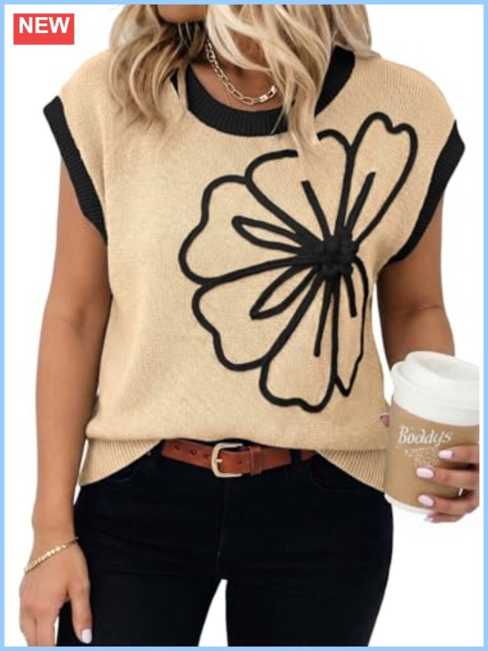 Embroidered Floral Knit Pullover Sweater Crew Neck Short Sleeve Casual Loose Fit